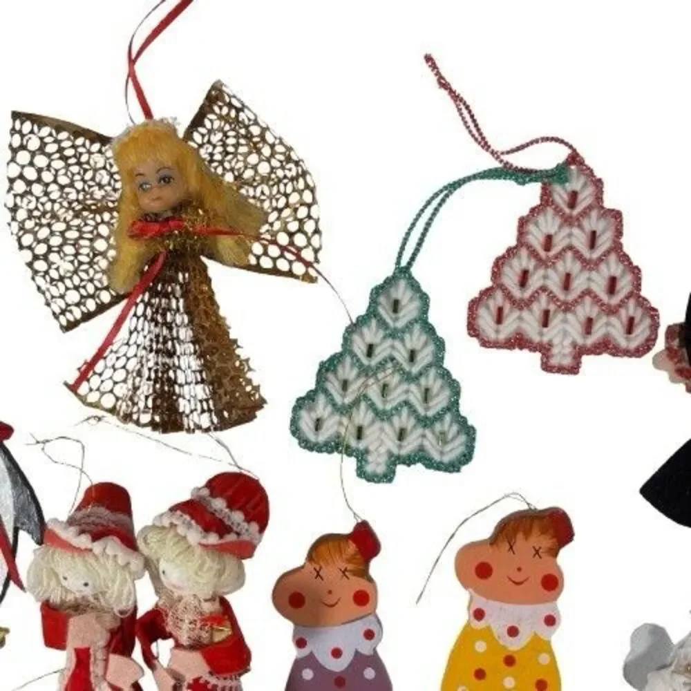 Lot of 19 Vintage Handmade Wooden Crochet German Ornaments Variety Angels Santa